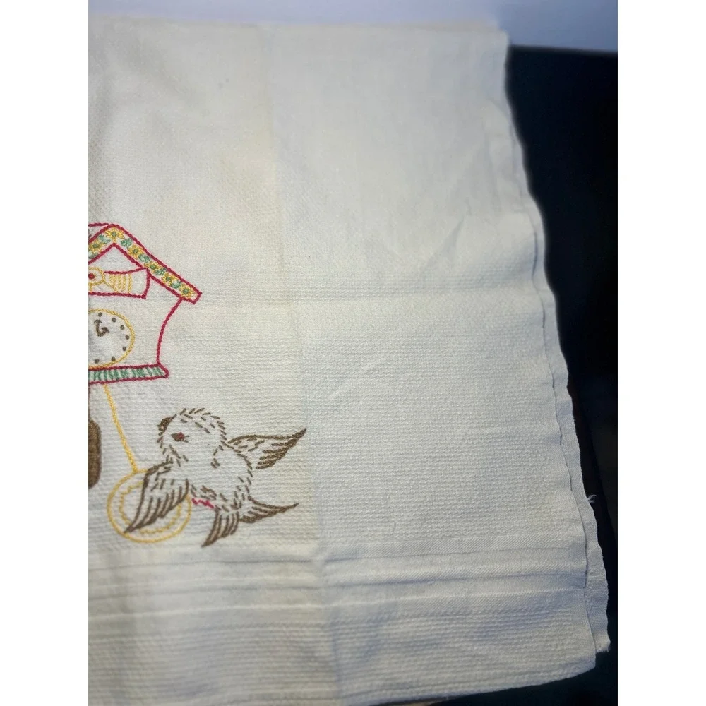 Vintage Hand Embroidered Tea Towel Birds Cuckoo Clock Cattails White Cotton